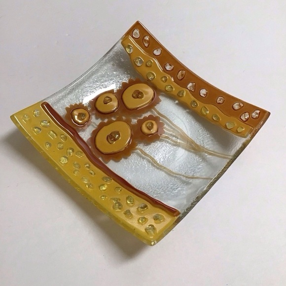 ETERNO Fused Art Glass Trinket Tray Dish Studio Handmade MCM Mod Sunflowers Gold - Picture 2 of 12